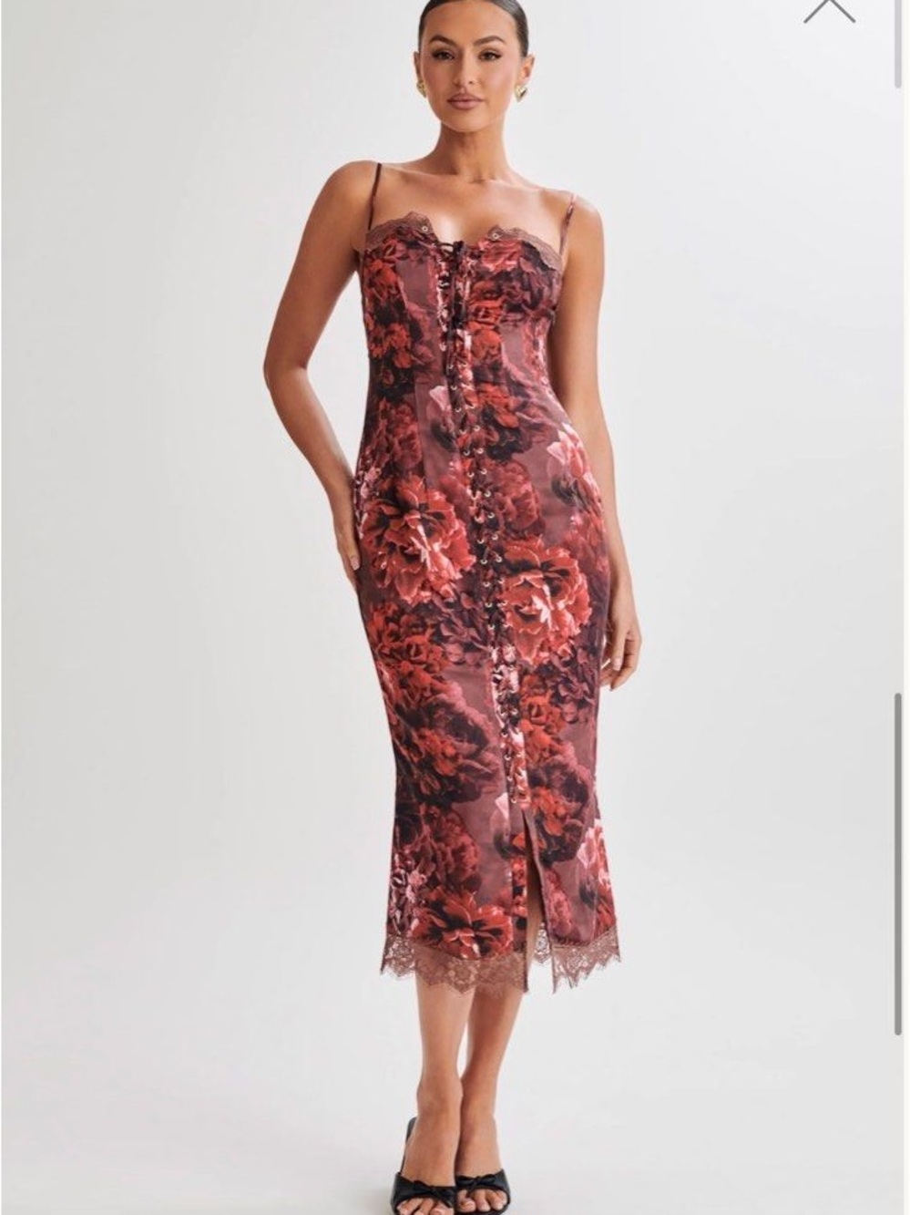 Floral Lace-Trim Midi Slip Dress in Red Meshki